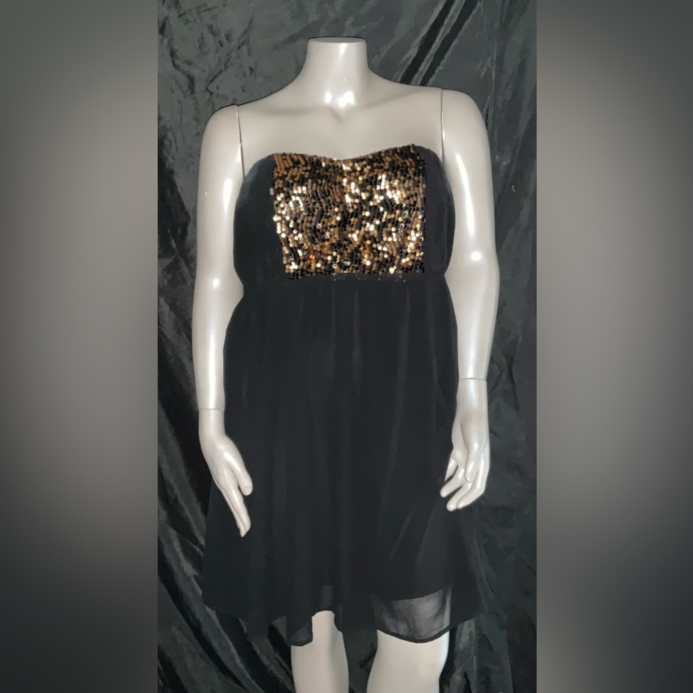 Vintage Torrid Strapless Black Chiffon Gold Sequin Dress